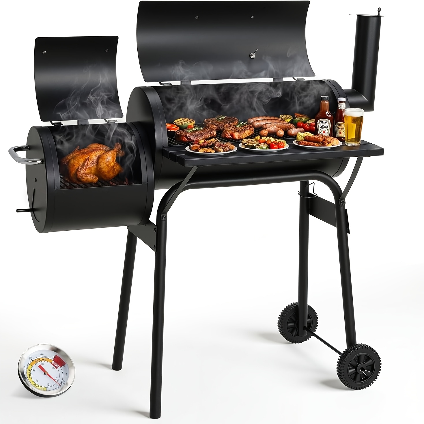 Image of Grill, Multi-functional Grill, Charcoal Barbecue Cart With Chimney, Thermometer, Grill Grate, Adjustable Vents, And , Suitable For Garden, Patio, Camping, And Barbecue Parties, Without Battery