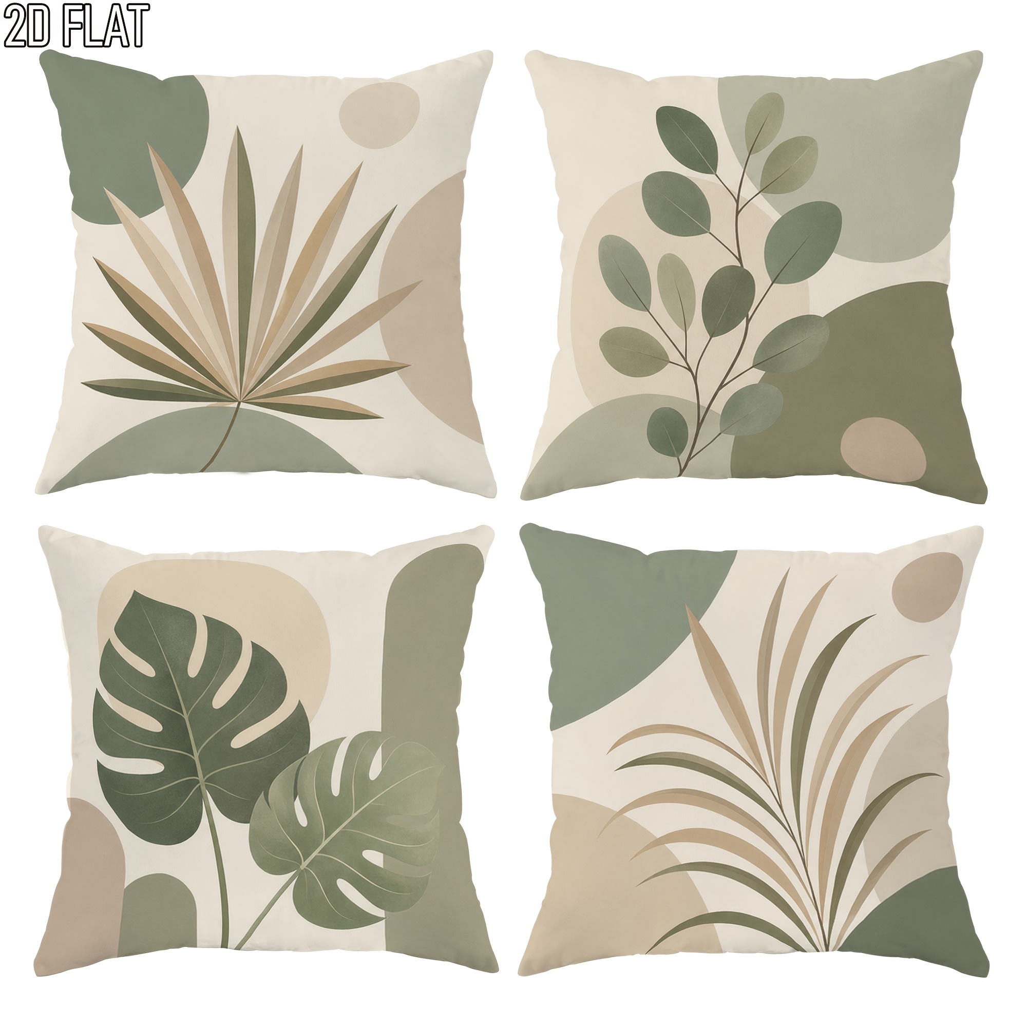 TEMU 4pcs Set 2d Flat Bohemian Botanical Abstract Pillowcases, Green Beige Decorative Pillow Covers, Single-sided Print, Suitable For Living Room,