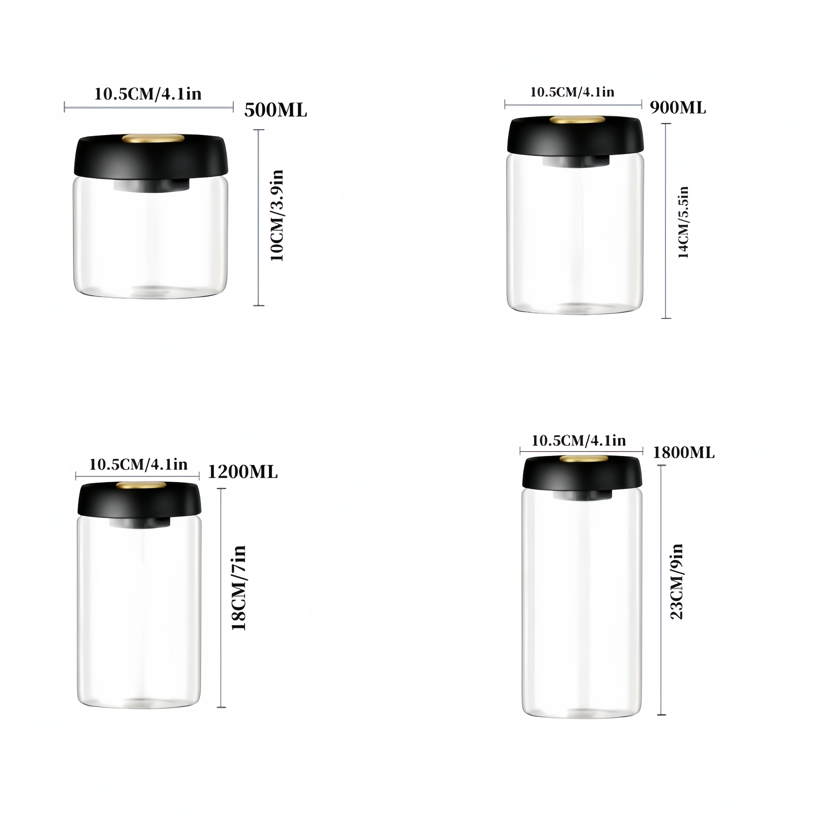 E-shop ./4 Stk. Vakuumversiegelte Glas-Aufbewahrungsgläser, transparente Behälter aus hochwertigem Borosilikatglas für Kaffeebohnen, Süßigkeiten
