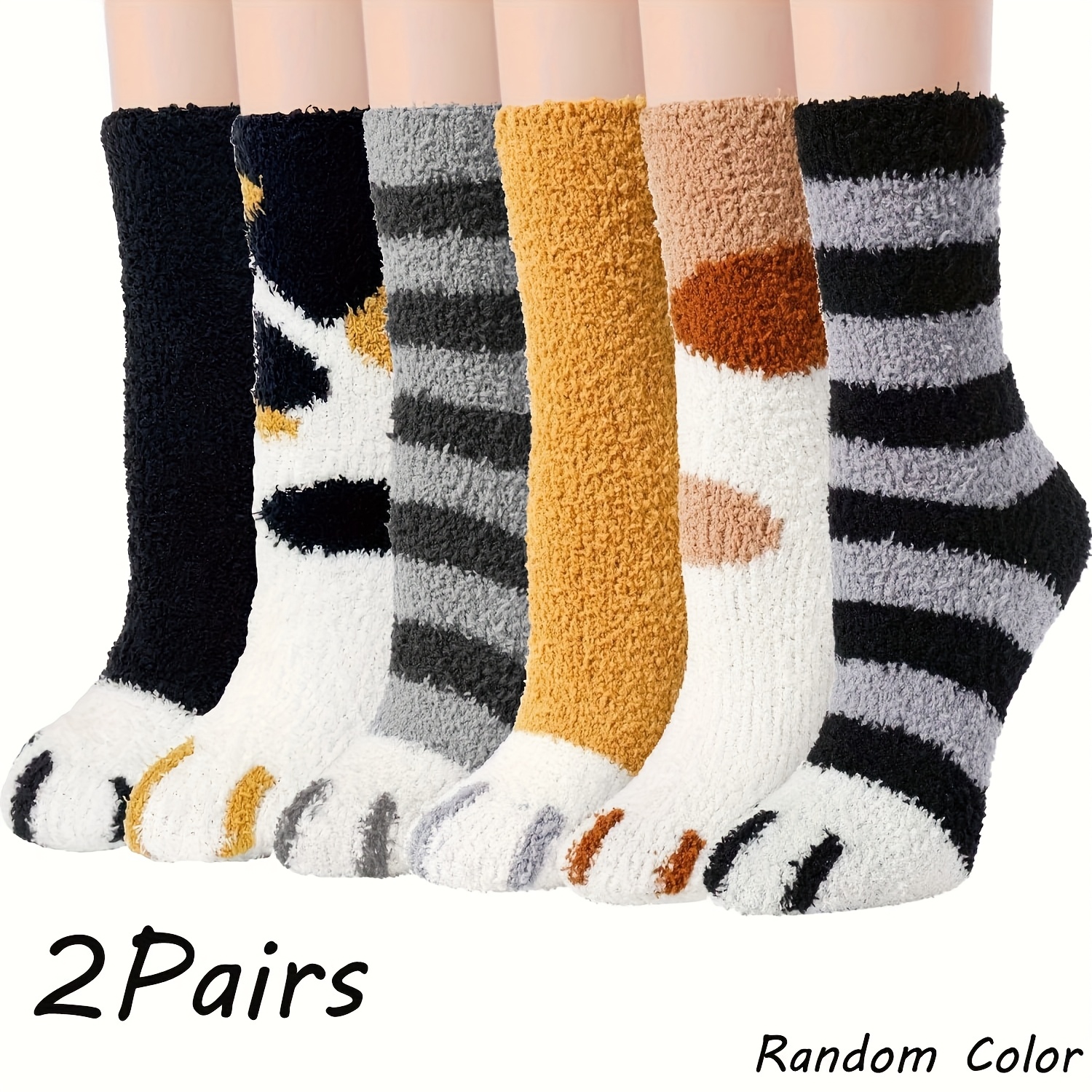E-shop 2/5/7 Paar Saisonale Korallenfarbene Wadenhohe Socken, Süße Katzenpfoten-Plüsch-Dickstrick-Socken, Zufällige Stile, {6 Farben erhältlich}
