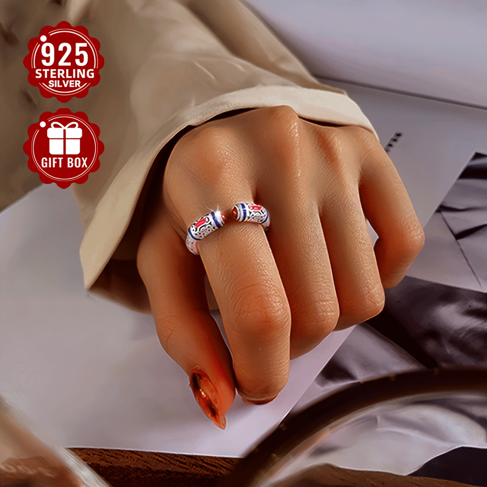 S925 Silver Retro Red Agate Heart Sutra Open Ring