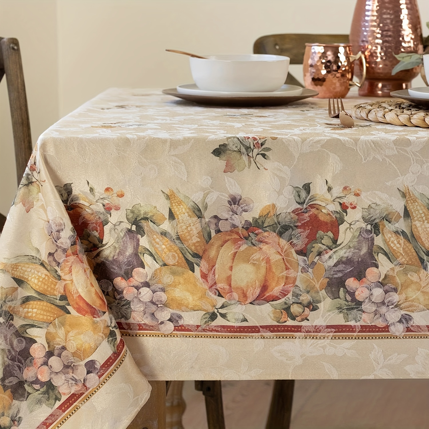 

Autumn Harvest Thanksgiving Tablecloth - 55x71 Inches, Easy-care Polyester With Vibrant Vegetable Design, Perfect For Fall Parties & Family Gatherings