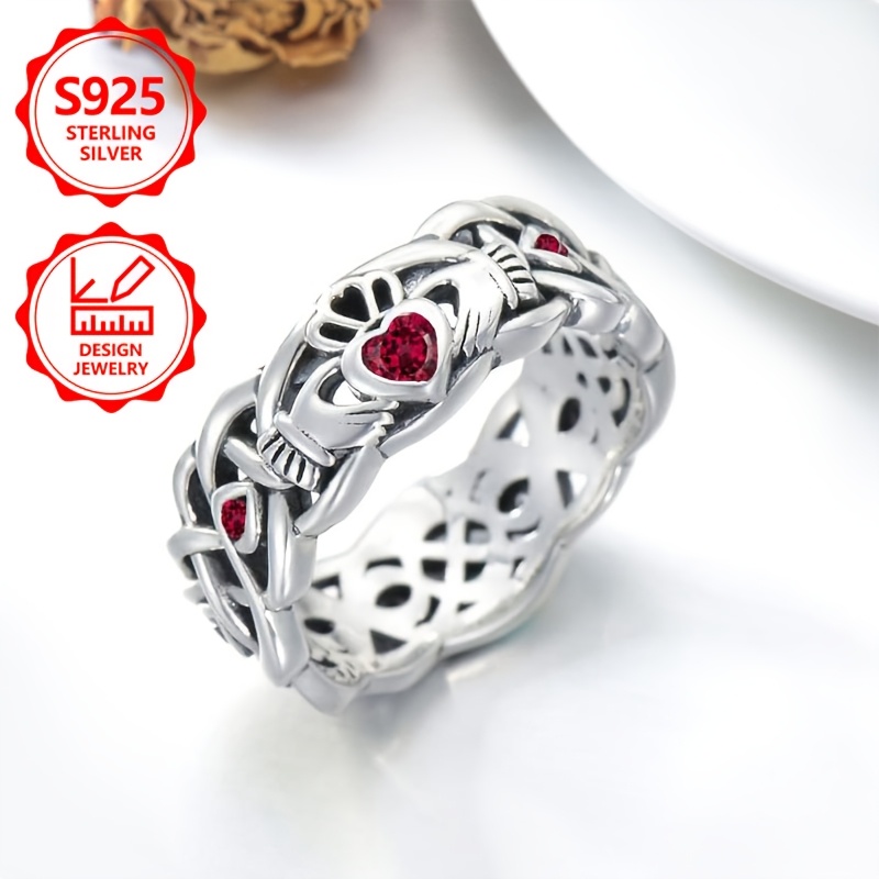Image of 925 Sterling Silver Pm:b24 Women's Exquisite Fashion Ring, Elegant And Stylish, Featuring A Red Heart-shaped Moissanite, Suitable For Daily Wear, A Commemorative Gift For Family Or A Girlfriend