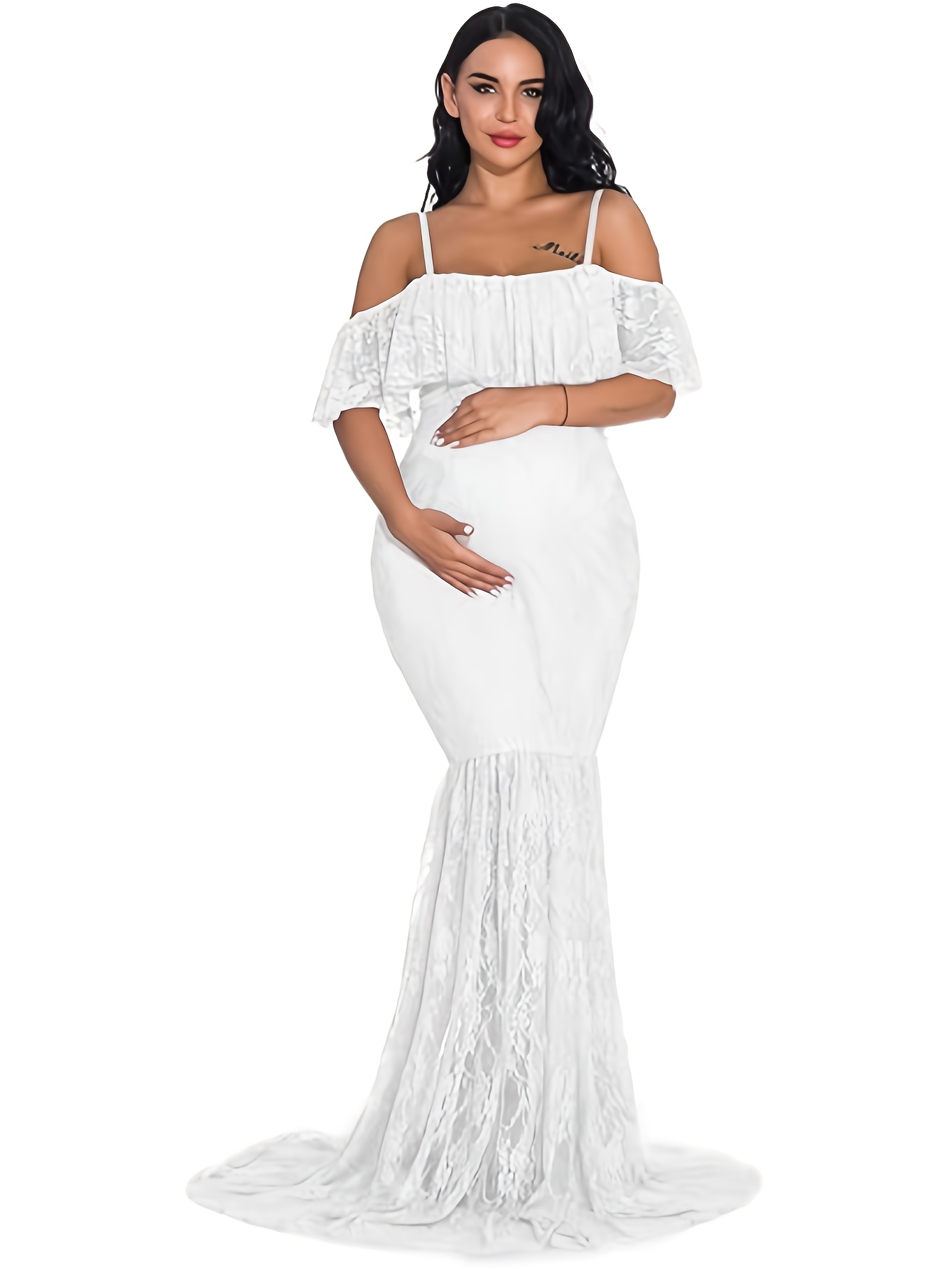 chinese dress ladies Lace V Neck Pregnant Photography Dresses Long Sleeve Elegant 2021 XL / White