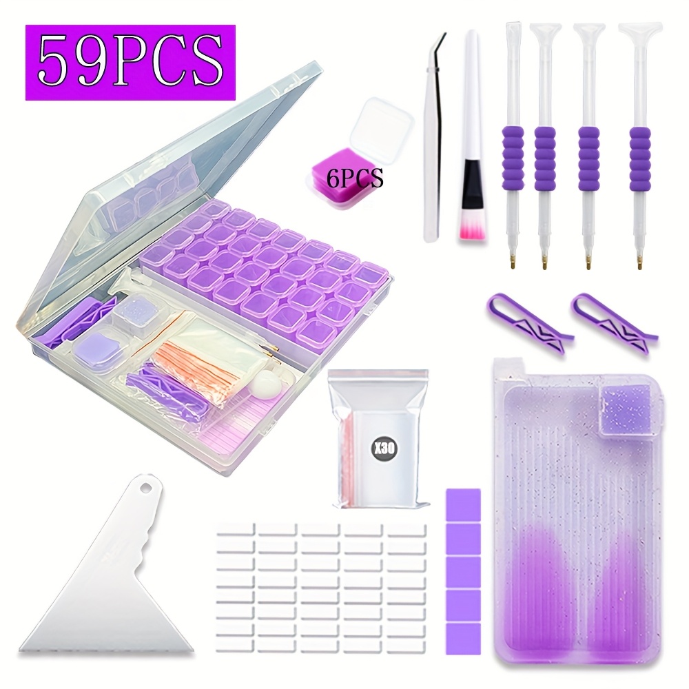 TEMU 59pcs Diamond Painting Tools Kit With Multi-compartment Storage Box - Includes Funnel Trays, Scrapers, Wax, Tabs And Complete Additions, 5d