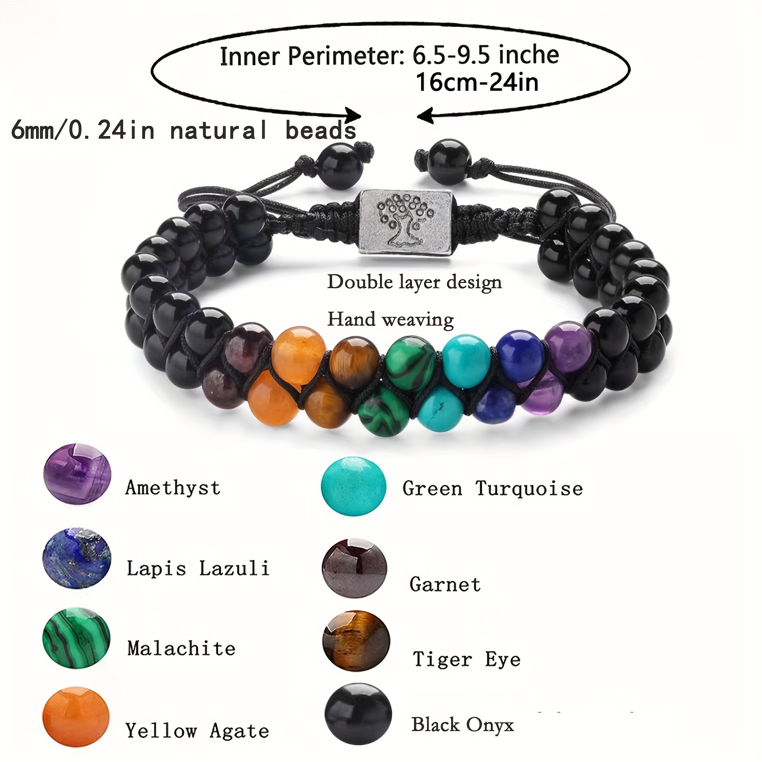 Elegant 7 Chakra Yoga Meditation Bracelet - Double Layer Natural Gemstone Beads, Tiger Eye & Obsidian Crystals for Anxiety Relief and Good Luck details 7