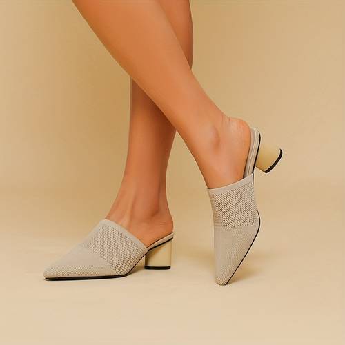 womens solid color pointed toe heel block heel slip on fabric upper daily casual shoes breathable for women
