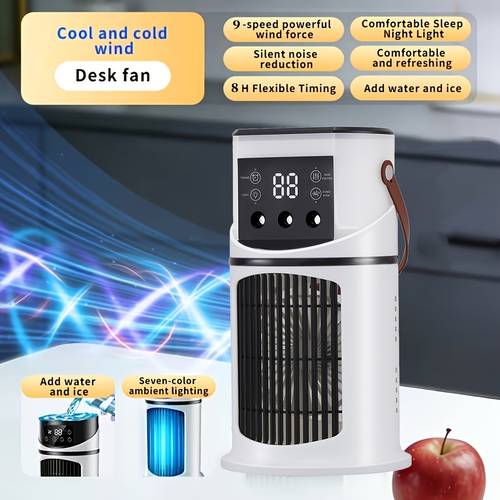 3-In-1 Portable Air Conditioner, Humidifier, Atmosphere Light Fan, USB Cooler with 500ml Large Water Tank, 7 Colorful Lights, 9-Speed Wind Adjustment, Adjustable Mist Output, Essential Cooling Device for Home And Office