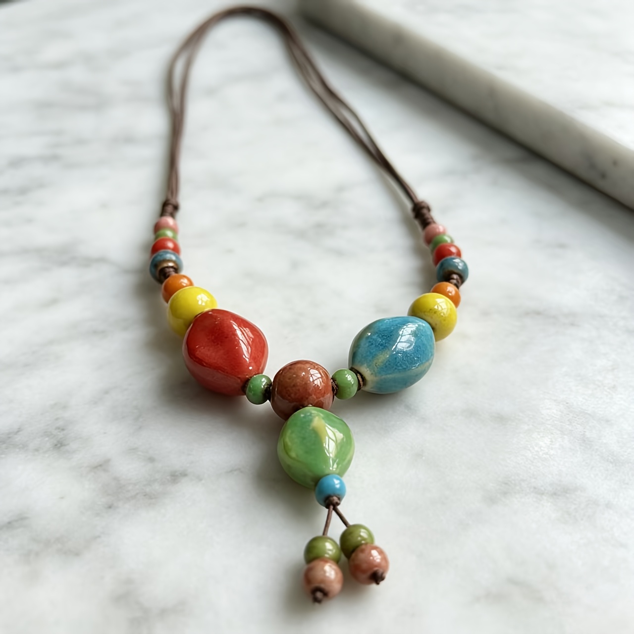 Macaron Color-Block Olive-Shaped Ceramic Bead Necklace