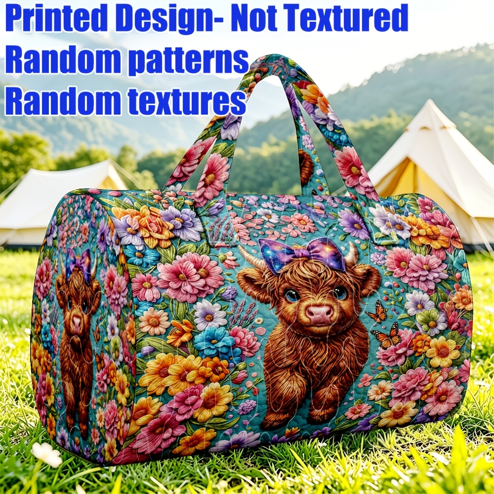 TEMU 1pc Cute Highland Cow With Bow & Colorful Flowers Quilted Women's Tote Bag, Sweet Fresh , Large-capacity Travel Luggage Bag, Suitable For ,