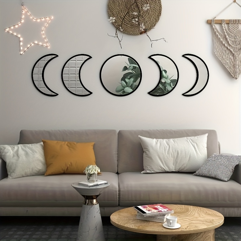 Image of 5pcs Bohemian Acrylic Wall Mirror With Wooden Frame, Wall Decorative Mirror With Moon Design, Home Decorative Mirror, Suitable For Bedroom, Living Room, Study And Porch Office.