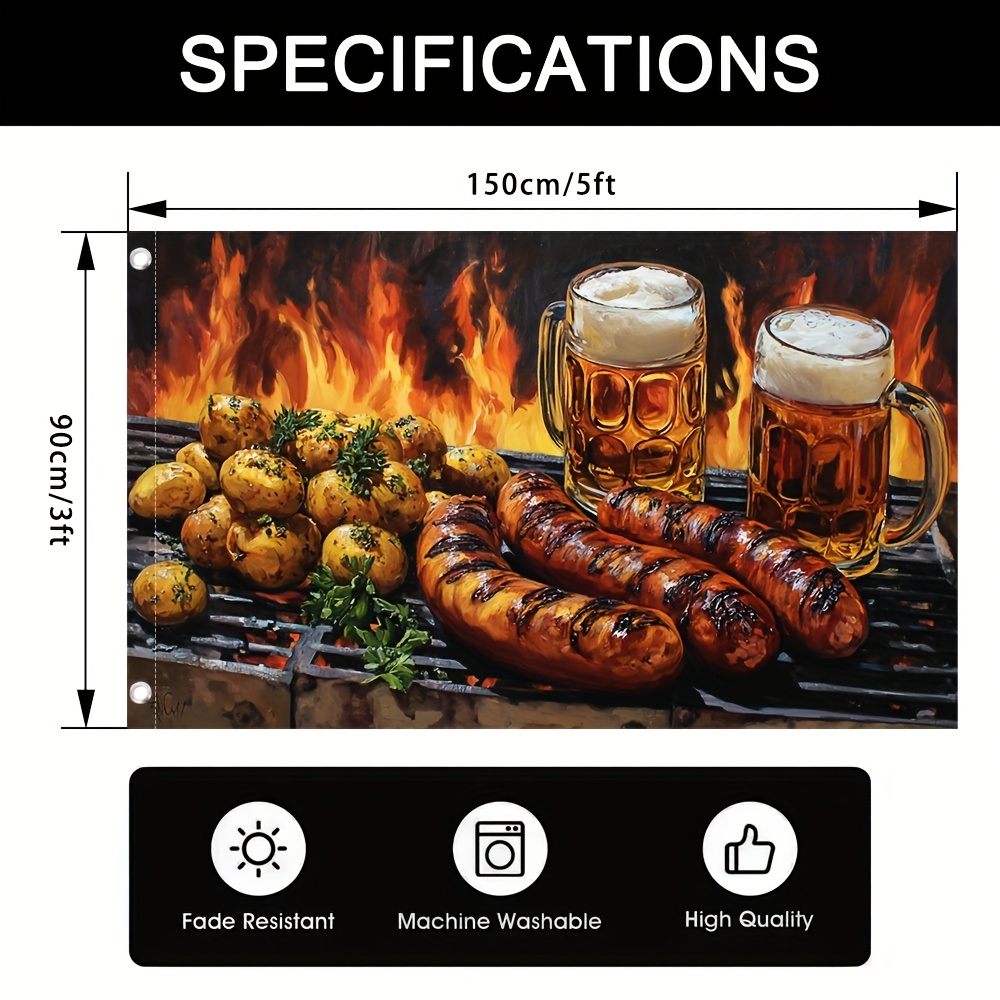 E-shop 1 Stück BBQ-Party-Dekoflagge – Realistisches Grillflammen-Design mit Würstchen und Bierkrug – Ganzjahres-Hintergrund für patriotische Grills,