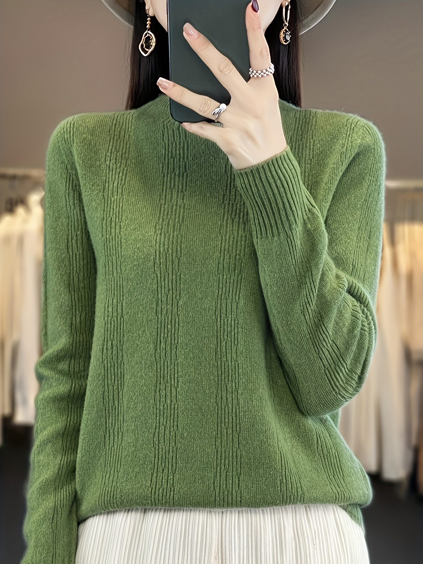 solid mock neck pullover sweater casual long sleeve inner wear sweater womens clothing olive green 3