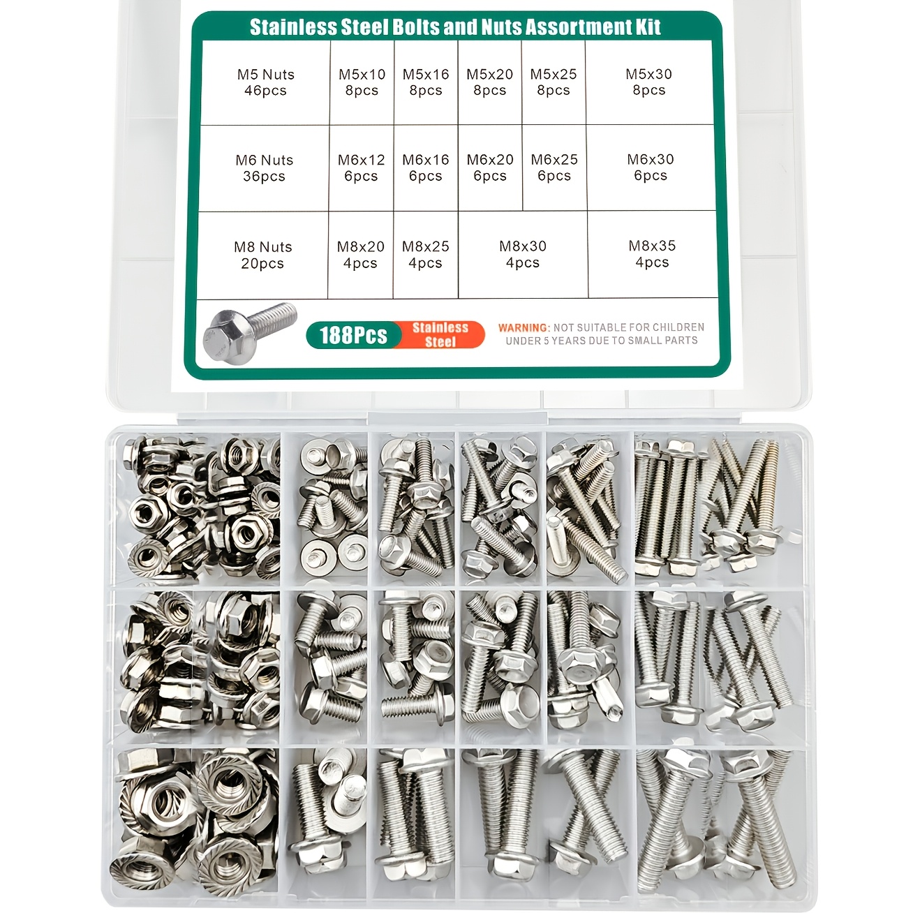 E-shop [Edelstahl-Schraubensatz] 188-teiliges Edelstahl 304 Flanschschrauben- Mutternset | Metrische Flansch-Sechskantmuttern, M5 M6 M8 inklusive 14