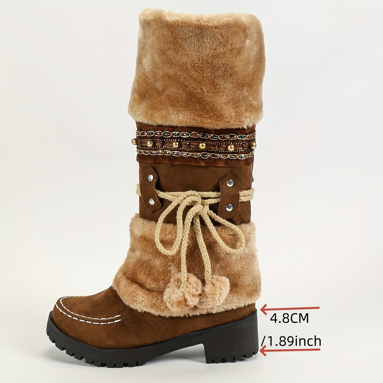 Women s Retro Snow Boots Fleece Decor Chunky Heeled Boots Winter Warm Calf Boots