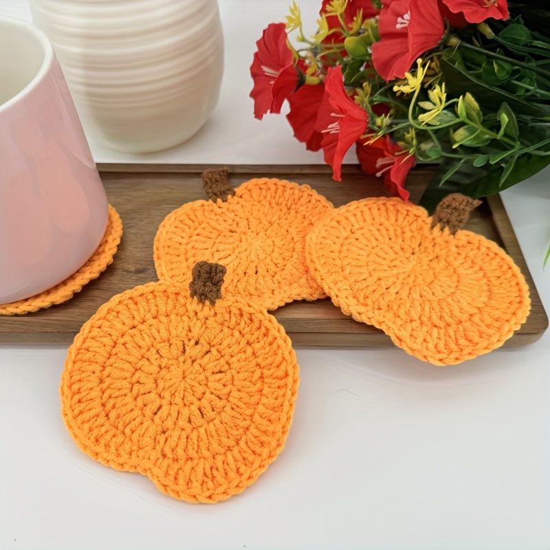 

3-piece Crochet Pumpkin Coasters Set - Handcrafted Fabric Drink Mats For Halloween & Autumn Home Decor, Perfect Table Accessory & Gift