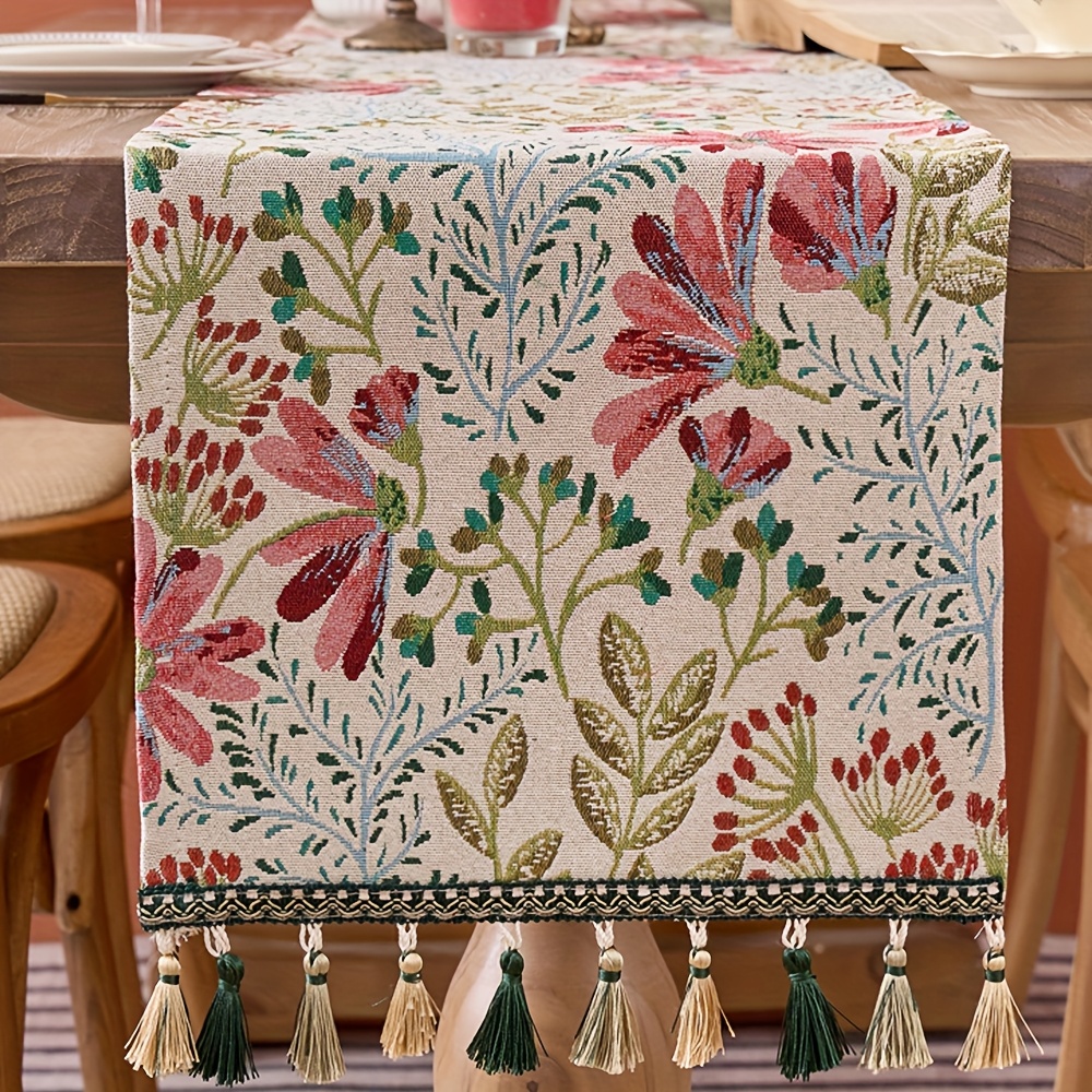E-shop Color-Block Jacquard Dreifarbiger Tischläufer mit Quasten, Amerikanischer Retro-Pastoral-Blumenmuster-Tischläufer, Esstisch-Kaffeetisch--Dekor