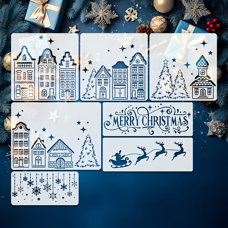 Image of 7pcs Large-sized Christmas House Snowflake Reindeer Painting Templates, Pet Hollow Reusable Painting Templates, Suitable For Holiday Decoration, Diy Craft Painting, Easy To Operate, Washable