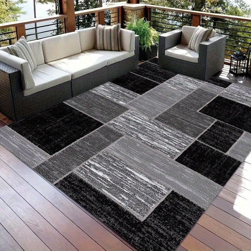 TEMU 1pc Large Black-gray Geometric Pattern Outdoor Floor Mat - 100% Polyester Machine Washable Decorative Mat, Suitable For Indoor And Outdoor: