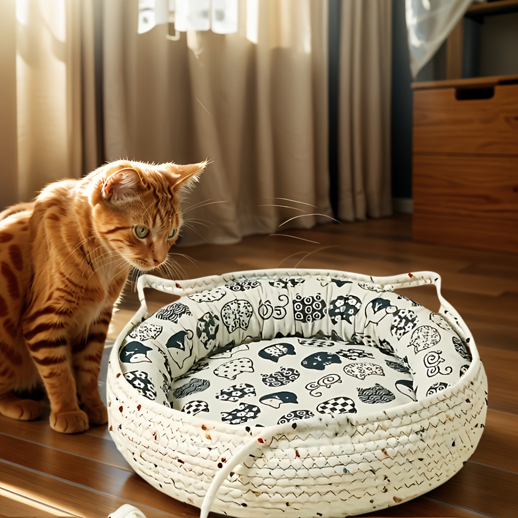 4pcs cute cat ear pet bed set suitable for cats   indoor pet nest with comfortable cushion cooling mat fun pom poms breathable bite resistant design multiple sizes   durable cat furniture bed Product details 0