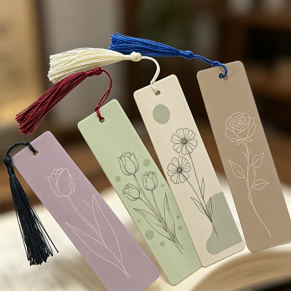TEMU 4pcs Color-coded Pu Leather Bookmark Page Dividers With Tassel Bookmarks - Minimalist Floral Line Art Suitable For Students, Teachers, Book