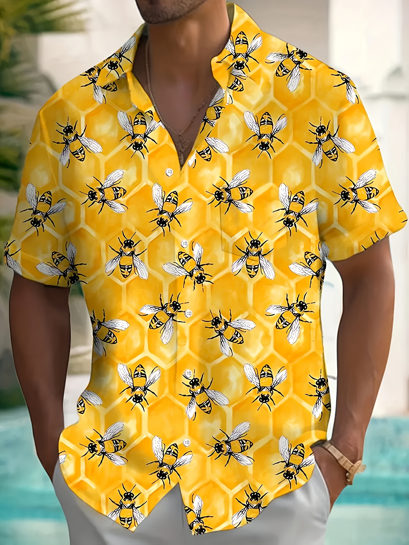 mens hawaiian honeycomb print short sleeve shirt vibrant yellow with black bees hexagonal patterns casual summer style lightweight polyester fabric   warm weather   bee shirt
