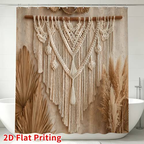 1pc boho macrame shower curtain with hooks bohemian rustic neutral panel window covering wall hanging suitable for coastal bathroom decor apartment privacy grommet top curtain machine washable plastic fabric for year round use