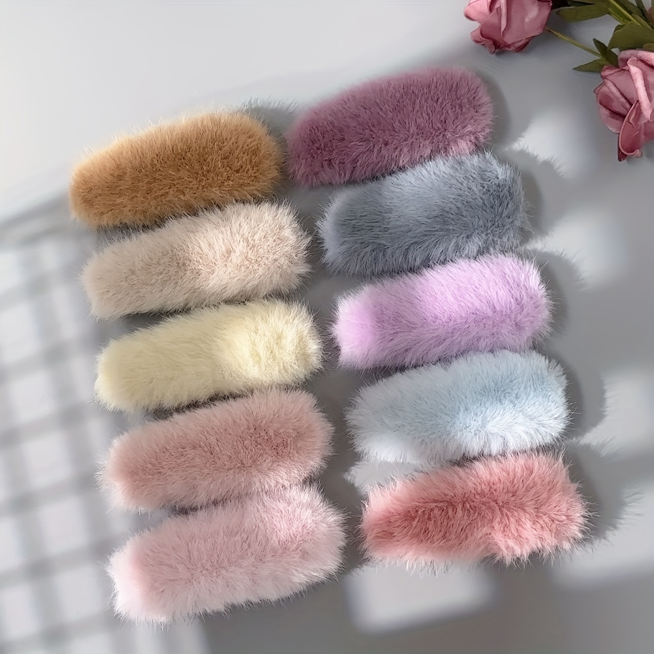 

5pcs Cute Plush Hair Clip Set - Solid Color, Oval Shape For Flyaways & Bangs