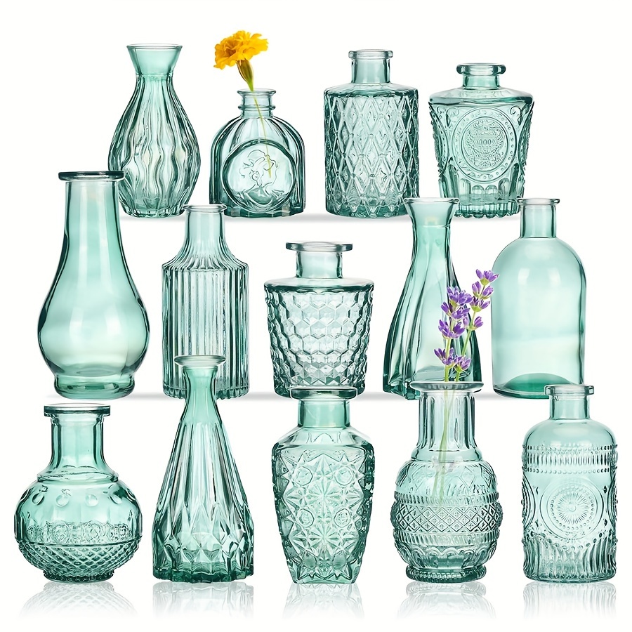 

Set Of 10 Bud Vases For Flowers, Small Vintage Glass Bottles In Bulk For Rustic Wedding Centerpieces And Home Table Decor, Aqua