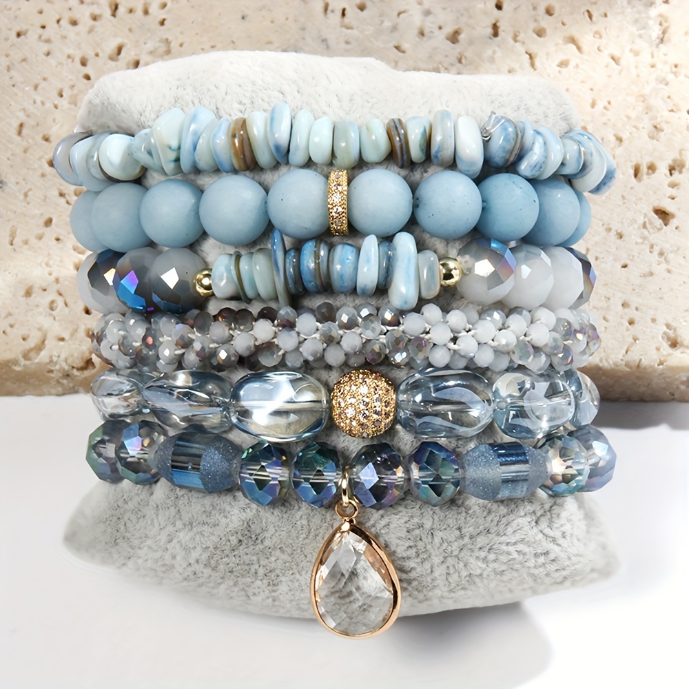 TEMU 6pcs Boho Natural Stone Beaded Bracelet Set, Stackable Multi-layer Handmade Stretch Bracelets, Featuring Zirconia Crystal And Tiger Eye Charm,