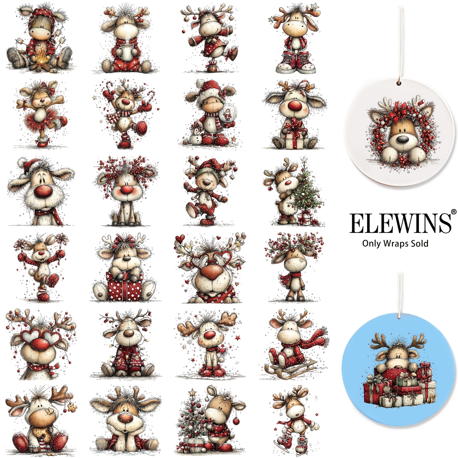 TEMU Lot de 32 UV DTF d'ornements de Noël - Appliques en vinyle amusantes de de Noël, imperméables et -rayures pour bricolage, décorations et cadeaux