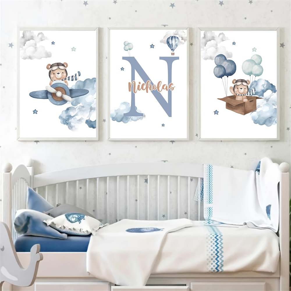 TEMU 2d Flat, 2d Flat, Personalized Custom Poster Set Of 3, Featuring Cartoon Airplanes And Bear Canvas Prints, Blue Balloons Wall Art, Bohemian
