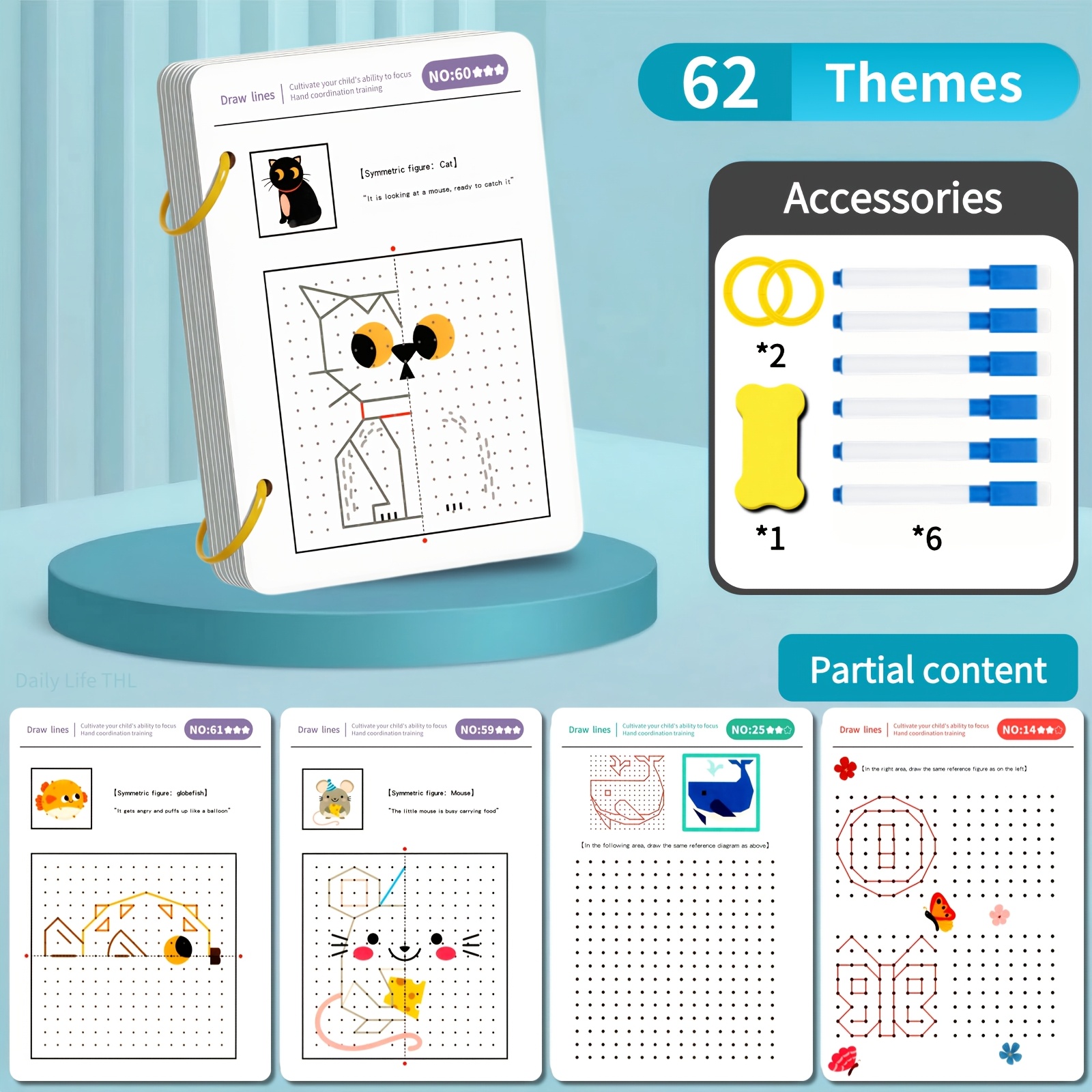 TEMU Cahier de dessin réutilisable pour enfants avec 62 thèmes, jeu de pour l'entraînement au contrôle du stylo et le dessin de , kit d'activités les