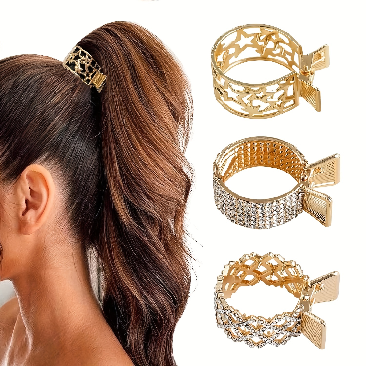 

3-pack Women's Golden Round Hair Clips With Rhinestones, High Ponytail Holders, Non-slip, Alloy, Daily Home & Outdoor Use, Hair Accessories Gift Set