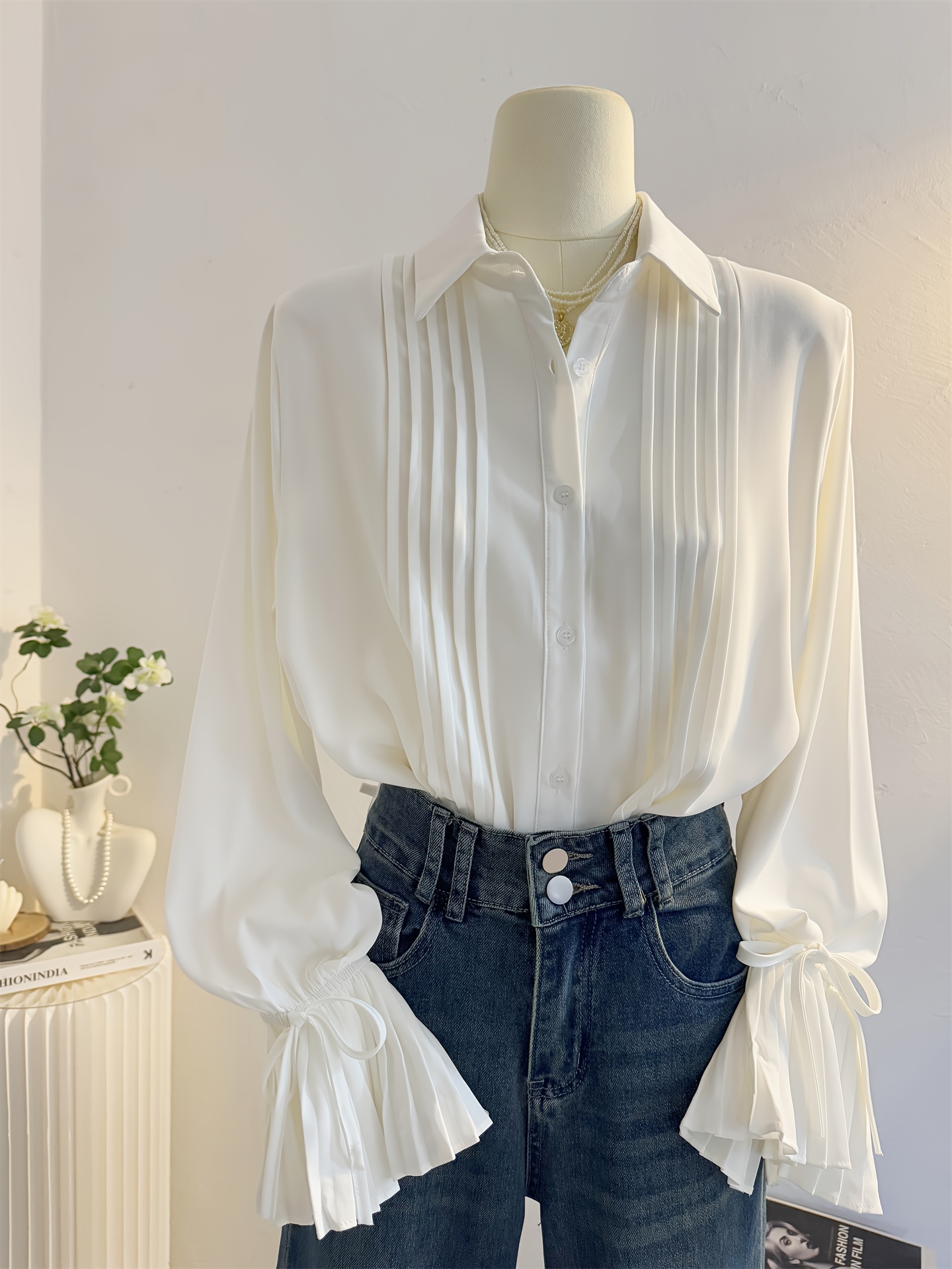 elegant franskinspirerad plisserad klockärmblus vit - Temu Sweden