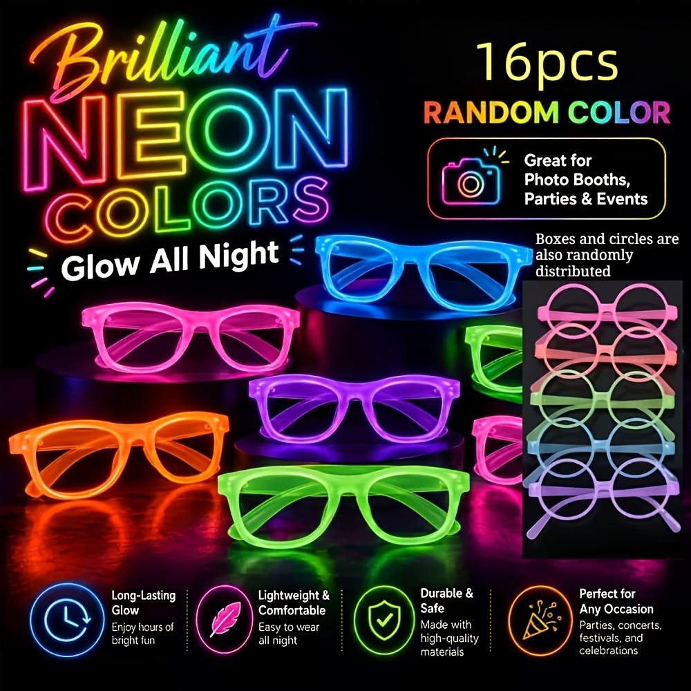 TEMU Occhiali da festa al neon al buio, set casuale da 16 pezzi con verde neon, viola, , , - Senza lenti, montature in plastica e resistente, per
