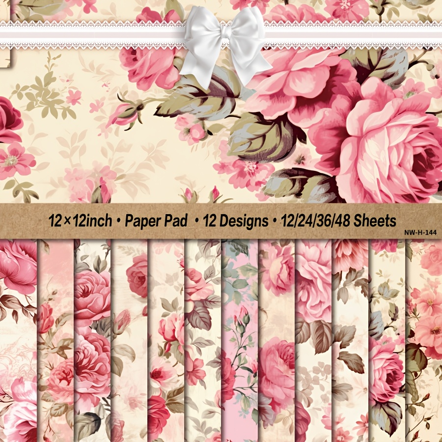 

12x12 Inch Paper Pad - Pink Floral & Peach Blossom Crafting Patterns, 12/24/36/48 Sheets, Diy Decorative Cardstock For Card Making & Backgrounds