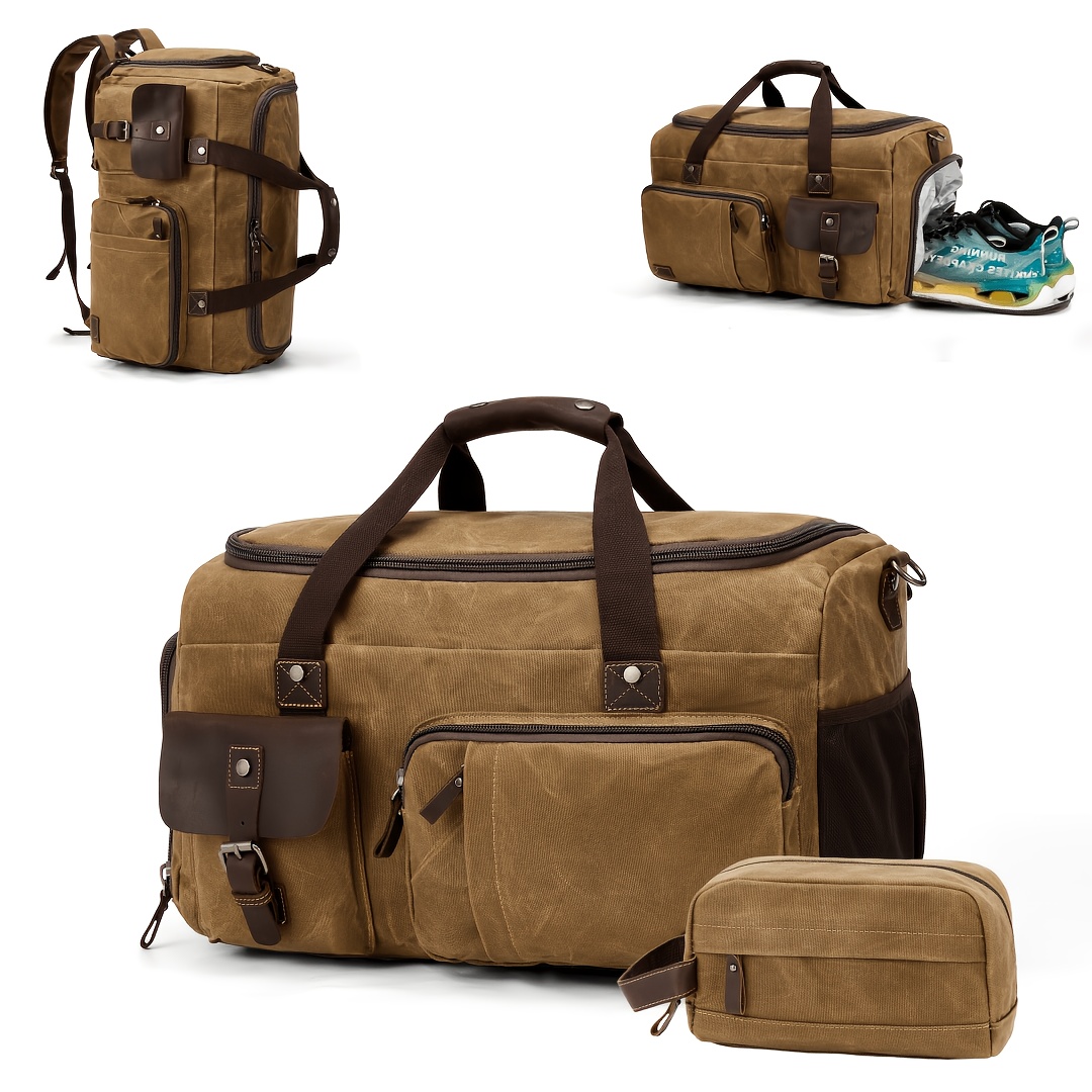 Image of More Men's Gym Bag, 30l Large Capacity 3-in-1 Bag, Canvas And Travel Bag, With Shoe Compartment And Toiletry Bag, Weekend Bag, Multifunctional Boarding Overnight Tactical Backpack