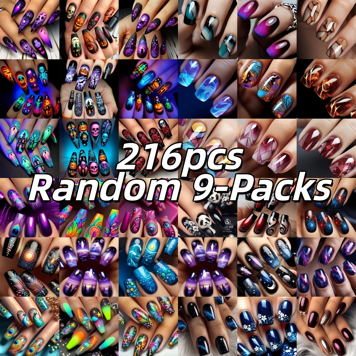 TEMU 216pcs Random 9pcs Press Medium Rectangular Press On Fake Nail Tips,includes Halloween Such As Bats, -shaped Roses And Pumpkins, Eyes, Pandas,