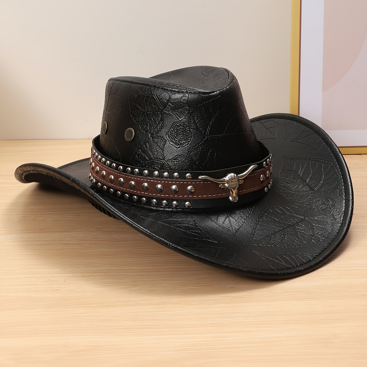 Image of 1 Unisex Metal Bull Decoration Pu Leather Cowboy Hat, A Casual Top Hat Elegant And Stylish, Suitable For Travel, Parties, Western Cowboy-themed Parties, And Daily Use,halloween