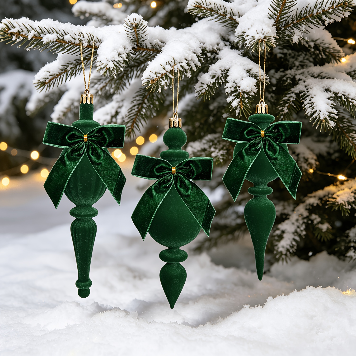 TEMU 3pcs Christmas Hanging Decorations, Flocked Tapered Ornaments With Bows, Suitable For Christmas, Home, Winter, And Decoration Hangings