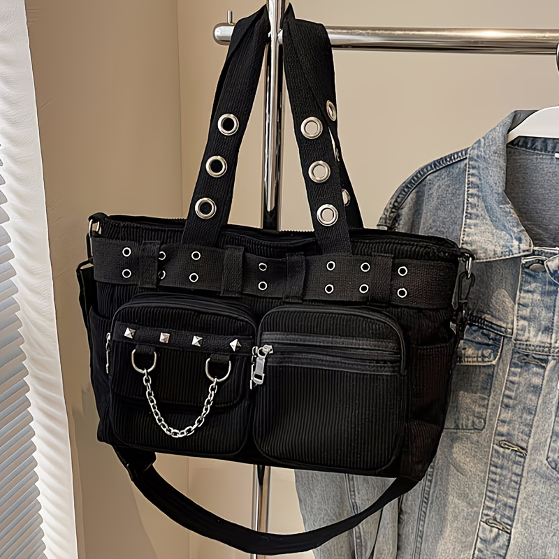 TEMU This Stylish Corduroy Women's Shoulder Bag Features A Solid With Stud Embellishments And A Gothic Style. A Large-capacity, Versatile Tote Bag