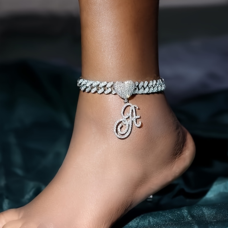 

1pc Silvery Elegant Link Anklet, Match Delicate Cursive Pendant, Rhinestone Letter Chain Anklet, Fashion Accessory For Ladies