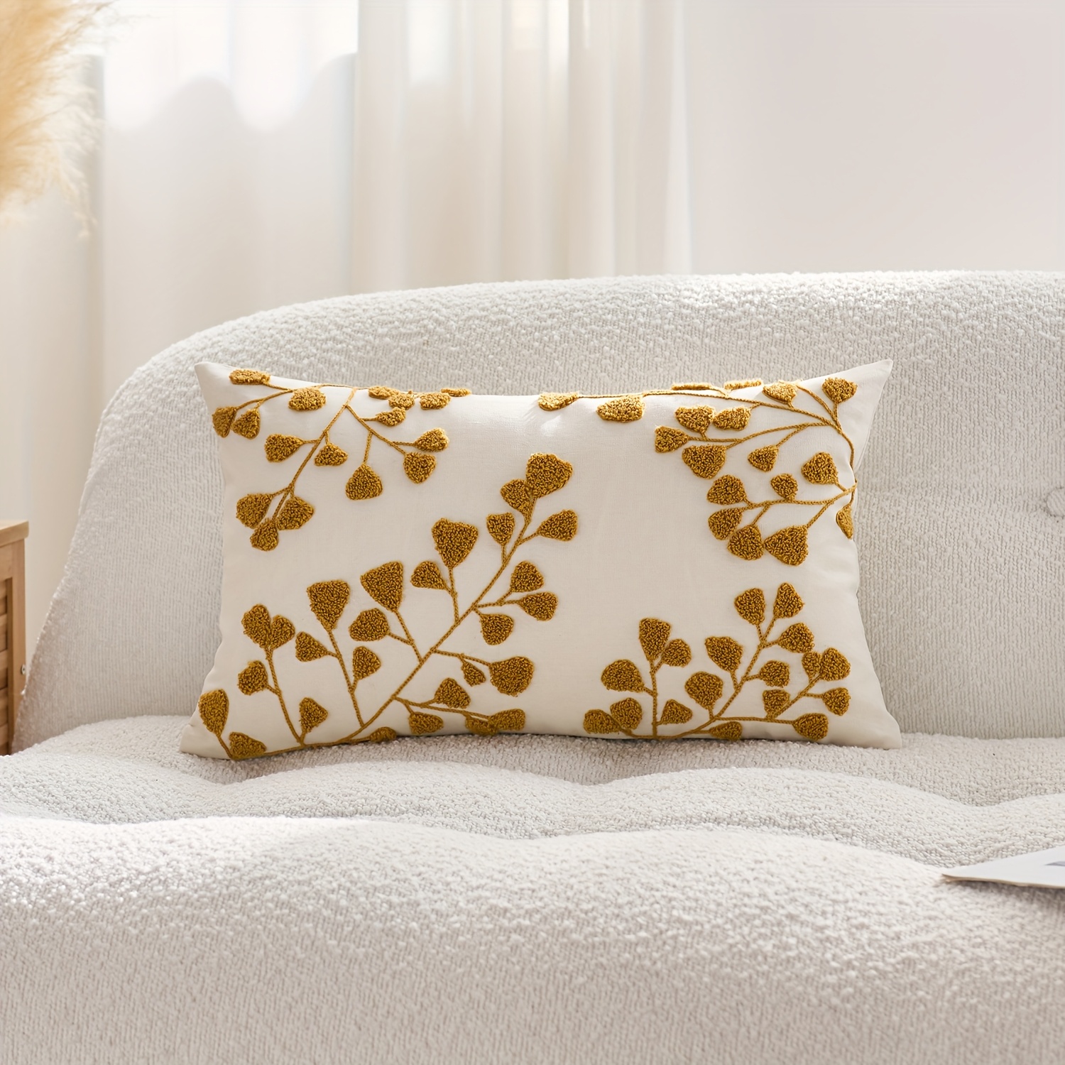 Image of 1pc Of A Linen Pillowcase Featuring A Leaf Design, Embroidered On , Perfect For Decorating Your Sofa, Living Room, Or Bedroom. Pillow Insert Not Included