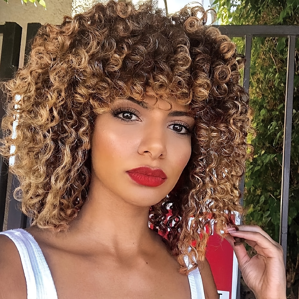 

Afro Wig With Bangs For Women - Fiber Synthetic Hair, Cap, 200% Density, Heat Resistant, Versatile For Daily And Party Use