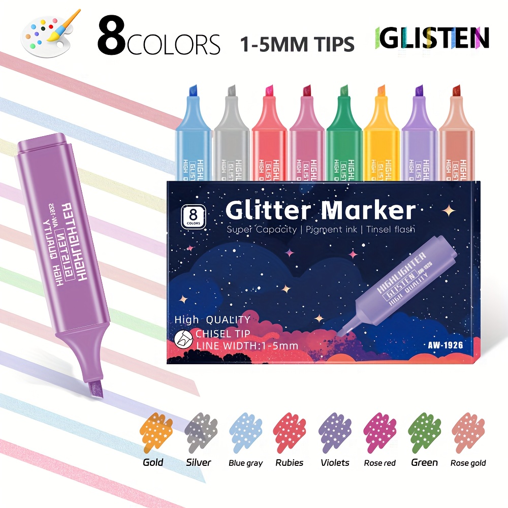 8-color Metallic Glitter Highlighter Set, Quick- & , Flat Pen For Journaling, Notes, Art