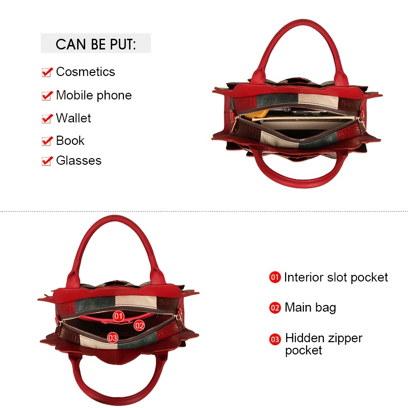 [Genuine Leather Satchel] Genuine Leather Satchel Handbag - Cobbler Legend Wo's Handmade Top Layer Cowhide with Lotus Flower & Crocodile Texture Design, Detachable Strap, Zipper Closure, Vibrant Color Block for Casual & Formal Occasions