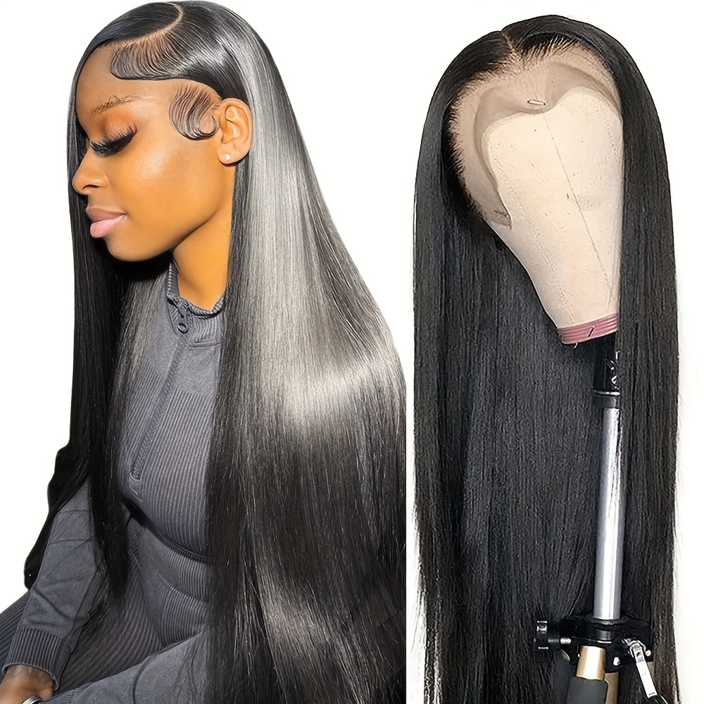 TEMU 13x6 Black Lace Front Wig For Women - 28 Inch Long Straight Hair 180% Density Glueless Heat Resistant Soft Synthetic Hair Wig With Free Part, Natural Look For Daily & Party Use (all )