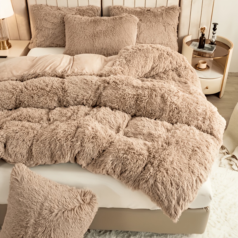 Image of 3pcs High-grade Solid Color Tie-dye Long Plush Duvet Cover Skin-friendly Warm Versatile Duvet -piece Set (does Not Duvet Insert Or Pillow Insert)