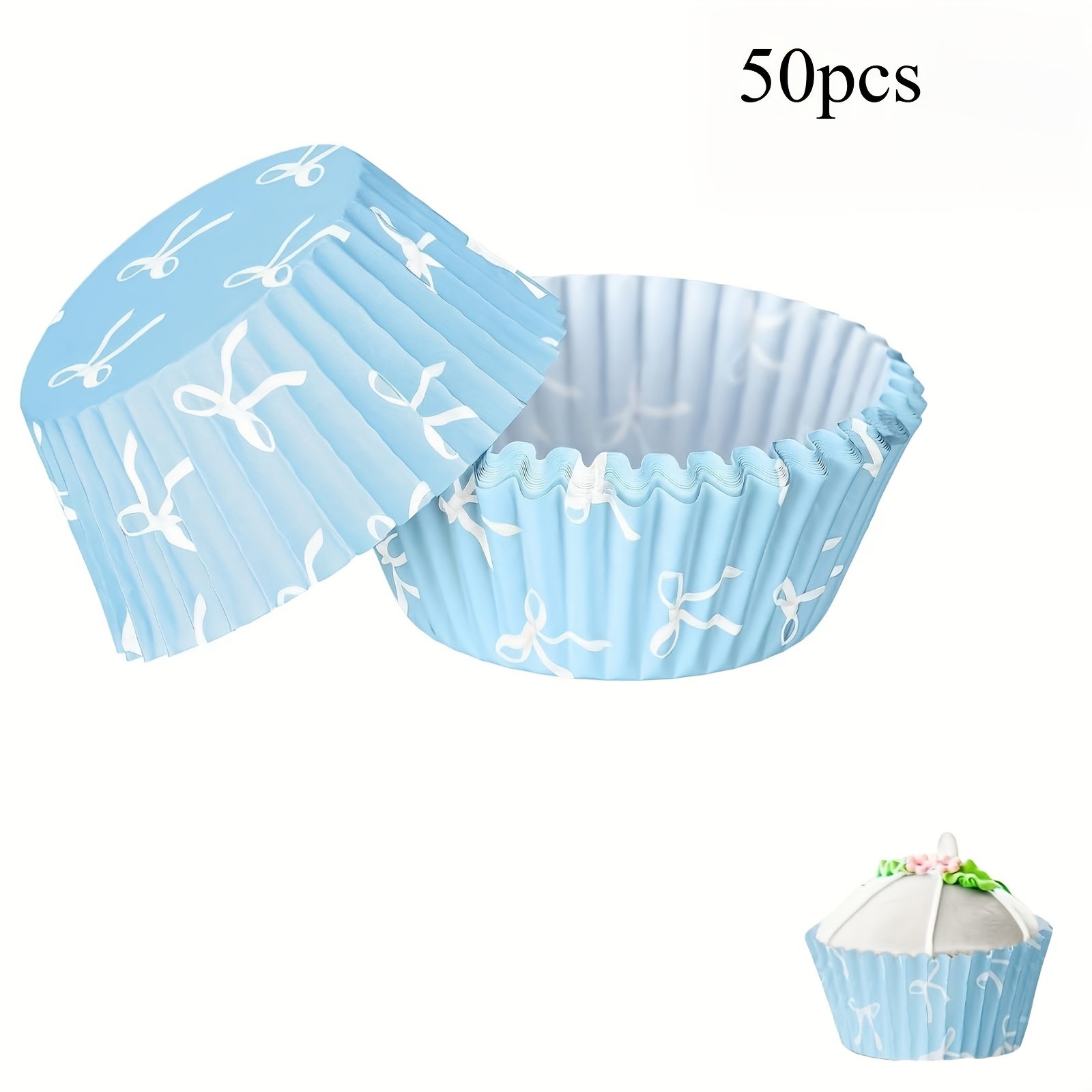 E-shop 50/125 Stück Cupcake-Förmchen, Blaues Schleifenmuster, Standardgröße geeignet für Kuchen, ideal für Dessertzubereitung bei Geburtstagen,